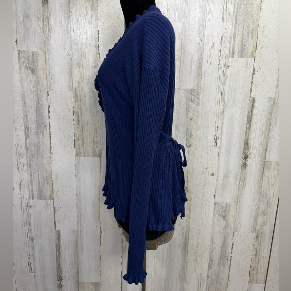 Luna‎ Plus Size Ruffled Blue Ribbed Sweater - Picture 3 of 9